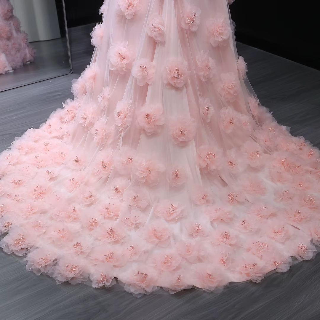 Elegant pink 3D flower off-shoulder evening dress SF383