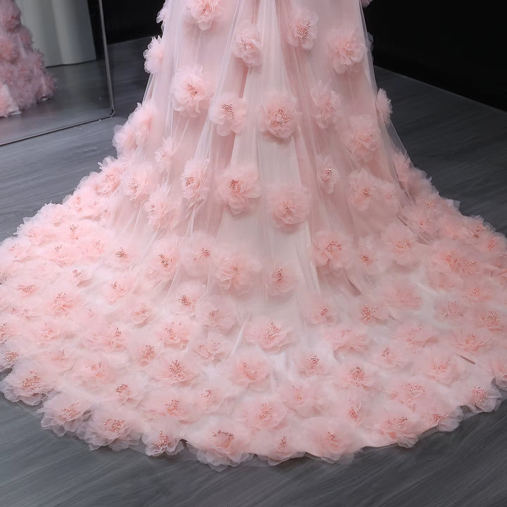 Elegant pink 3D flower off-shoulder evening dress SF383
