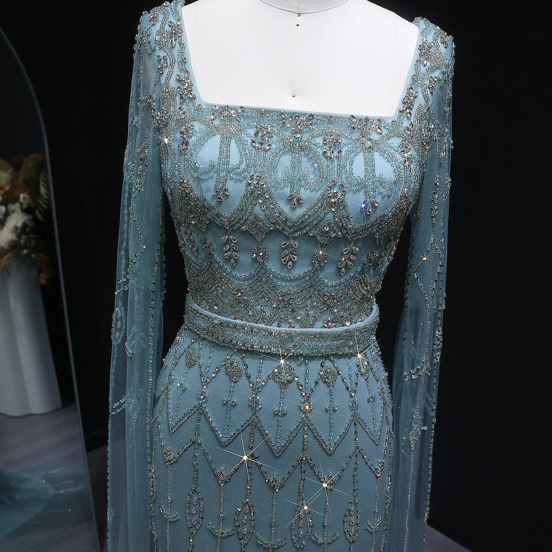 Elegant Beaded Evening Dress with Flowing Cape Sleeves SS089