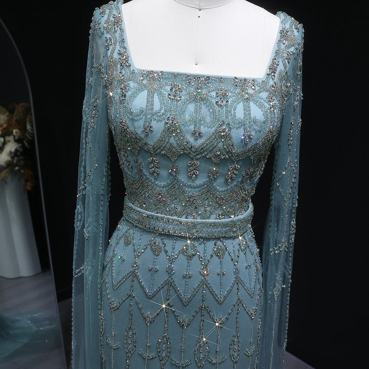 Elegant Beaded Evening Dress with Flowing Cape Sleeves SS089