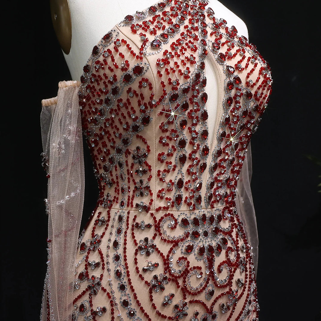 Elegant Beaded Halter Evening Gown with Matching Gloves SS118