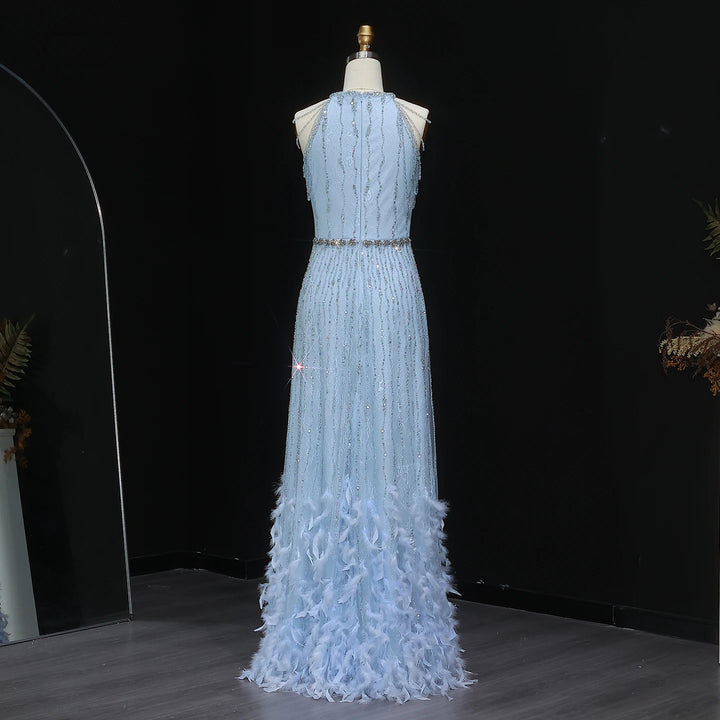 Luxury Feathers Lace Cream Evening Dress SS595