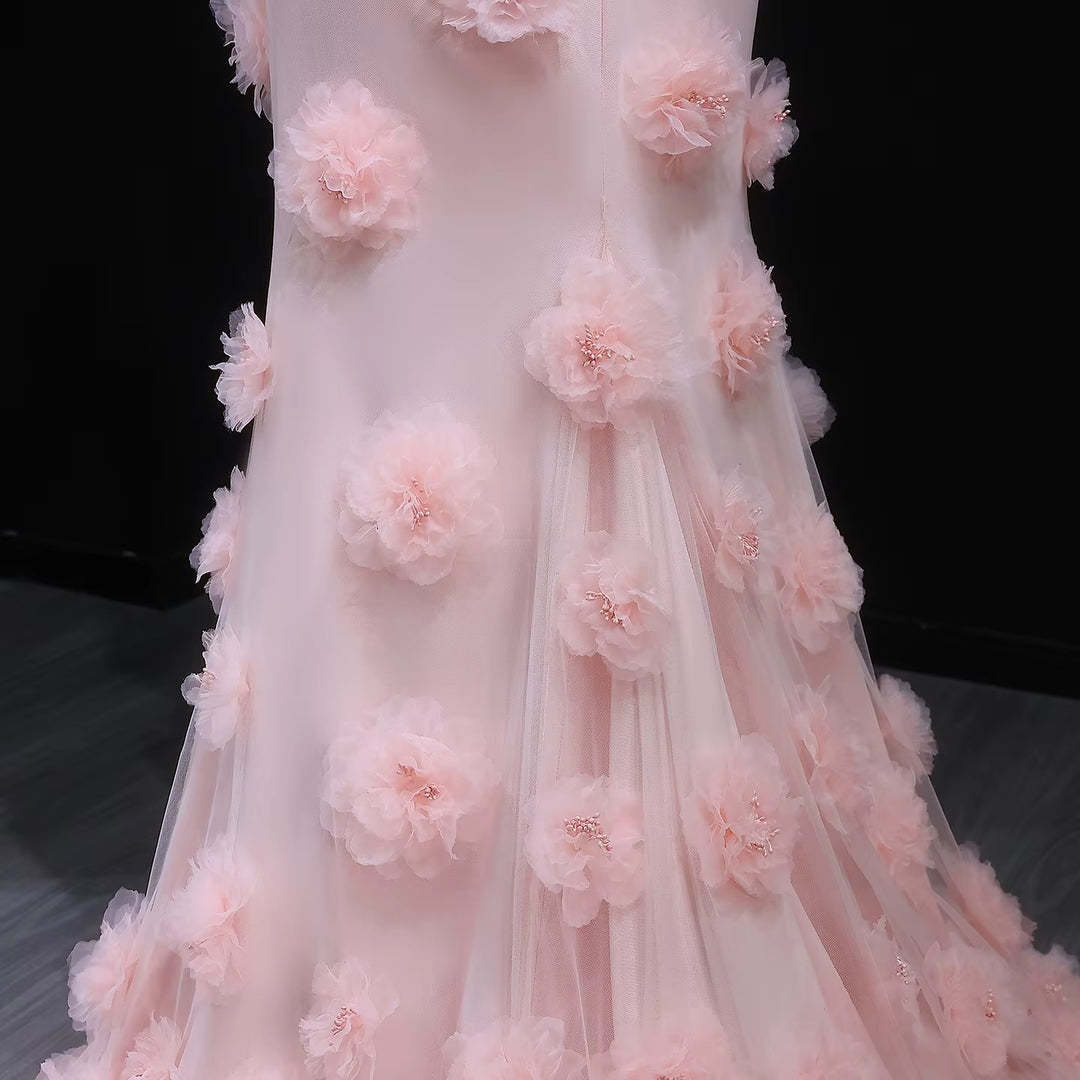 Elegant pink 3D flower off-shoulder evening dress SF383
