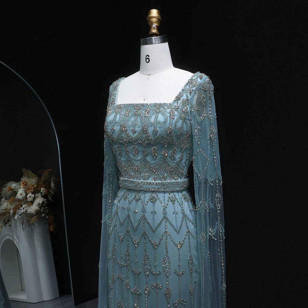 Elegant Beaded Evening Dress with Flowing Cape Sleeves SS089