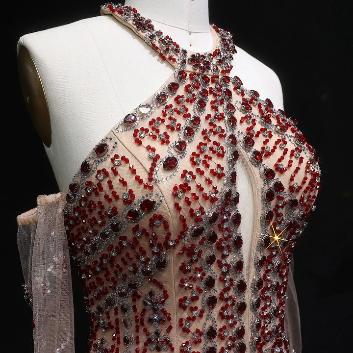 Elegant Beaded Halter Evening Gown with Matching Gloves SS118