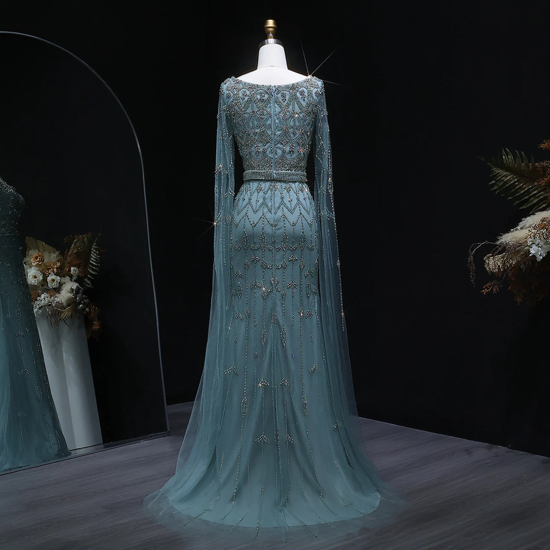 Elegant Beaded Evening Dress with Flowing Cape Sleeves SS089