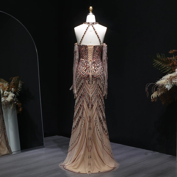 Elegant Beaded Halter Evening Gown with Matching Gloves SS118