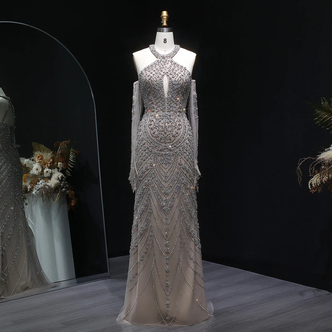 Elegant Beaded Halter Evening Gown with Matching Gloves SS118