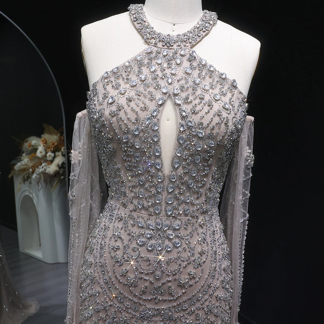Elegant Beaded Halter Evening Gown with Matching Gloves SS118