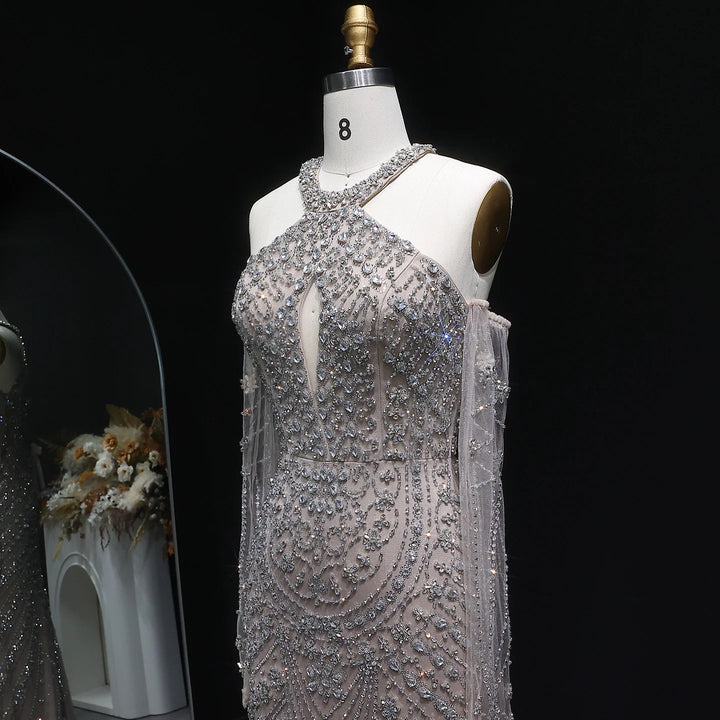Elegant Beaded Halter Evening Gown with Matching Gloves SS118