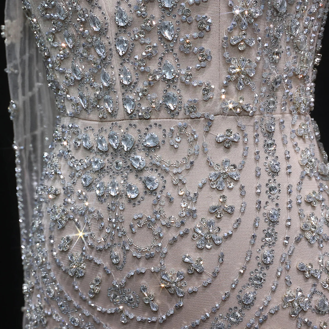 Elegant Beaded Halter Evening Gown with Matching Gloves SS118