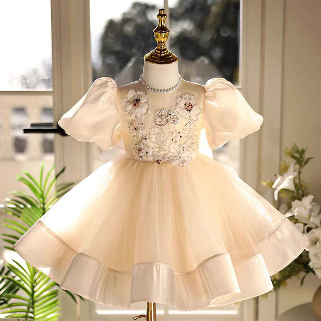 Beige Girl Dress for Kids 1st Toddler Holiday Party Gown J463