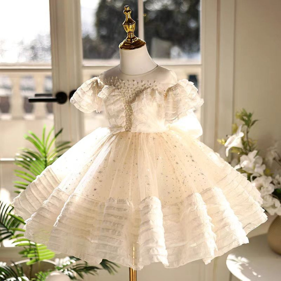 Beige Girl Dress with Bow Kids Birthday Party Holiday J760 Beige / child-14