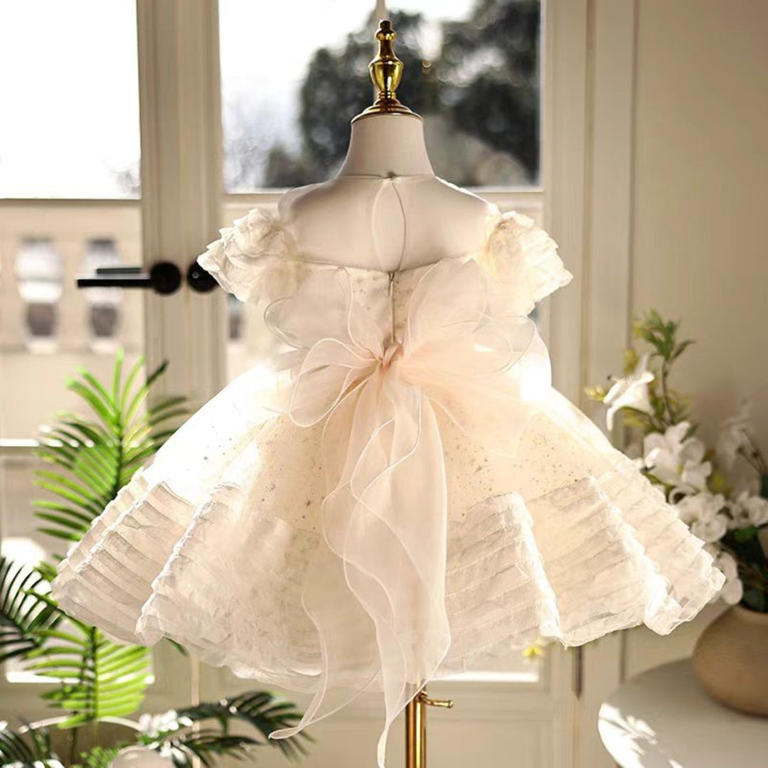 Beige Girl Dress with Bow Kids Birthday Party Holiday J760 Beige Girl Dress with Bow Kids Birthday Party Holiday J760