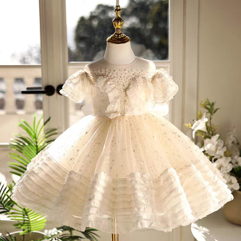 Beige Girl Dress with Bow Kids Birthday Party Holiday J760 Beige / child-14