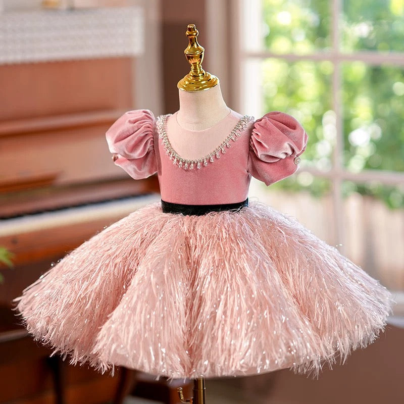 blush pink girl dress Blush Pink Girl Dress Velvet Bodice for Pageant Birthday Party J419 Pink A / child-14