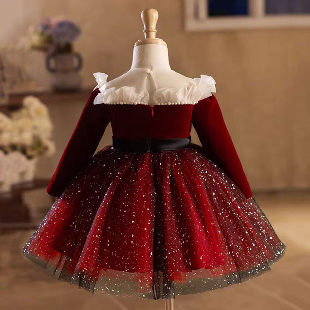 Burgundy Flower Girl Dress Scalloped for Princess Kids 1st Birthday Party J478 Burgundy / child-4 Burgundy Flower Girl Dress Scalloped for Princess Kids 1st Birthday Party J478 Burgundy / child-4
