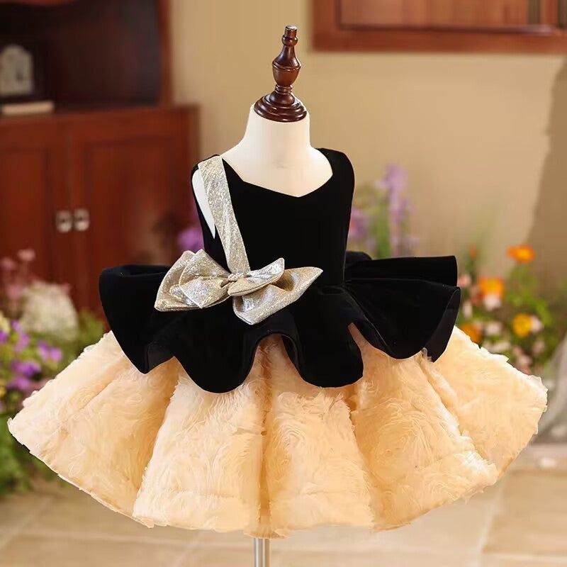 Elegant Girl Dress Velvet Bowed for Kids Birthday Party J421 Champagne A / child-2 Elegant Girl Dress Velvet Bowed for Kids Birthday Party J421 Champagne A / child-2