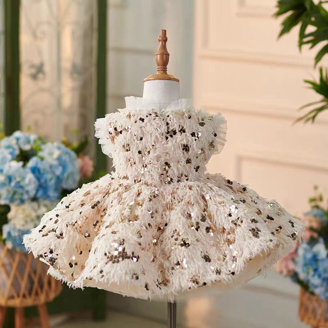 feather dress birthday Feather Knee Length Birthday Party Flower Girl Dress Pink D093