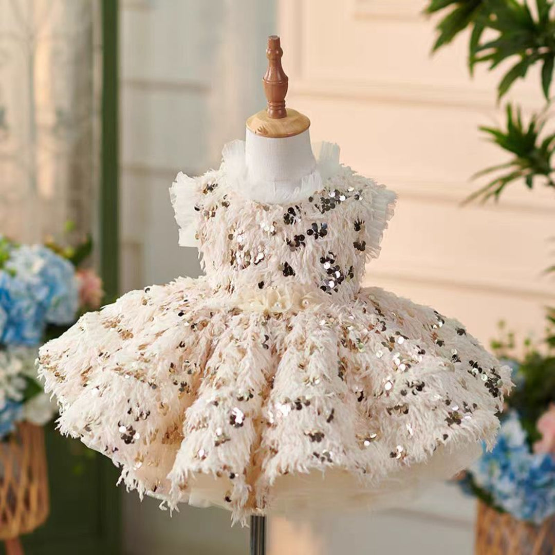 feather party dress Girl Dress Feather for Kids Wedding Birthday Party Gown J739 Champagne / 12M