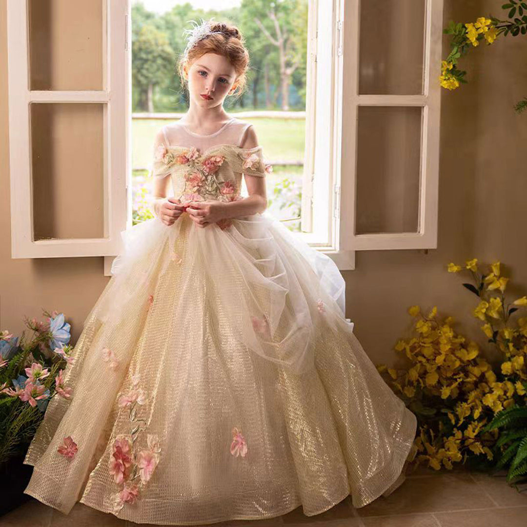 Luxury Gold Girl Dress with Flowers for kids Birthday Pageant Party J363 Luxury Gold Girl Dress with Flowers for kids Birthday Pageant Party J363