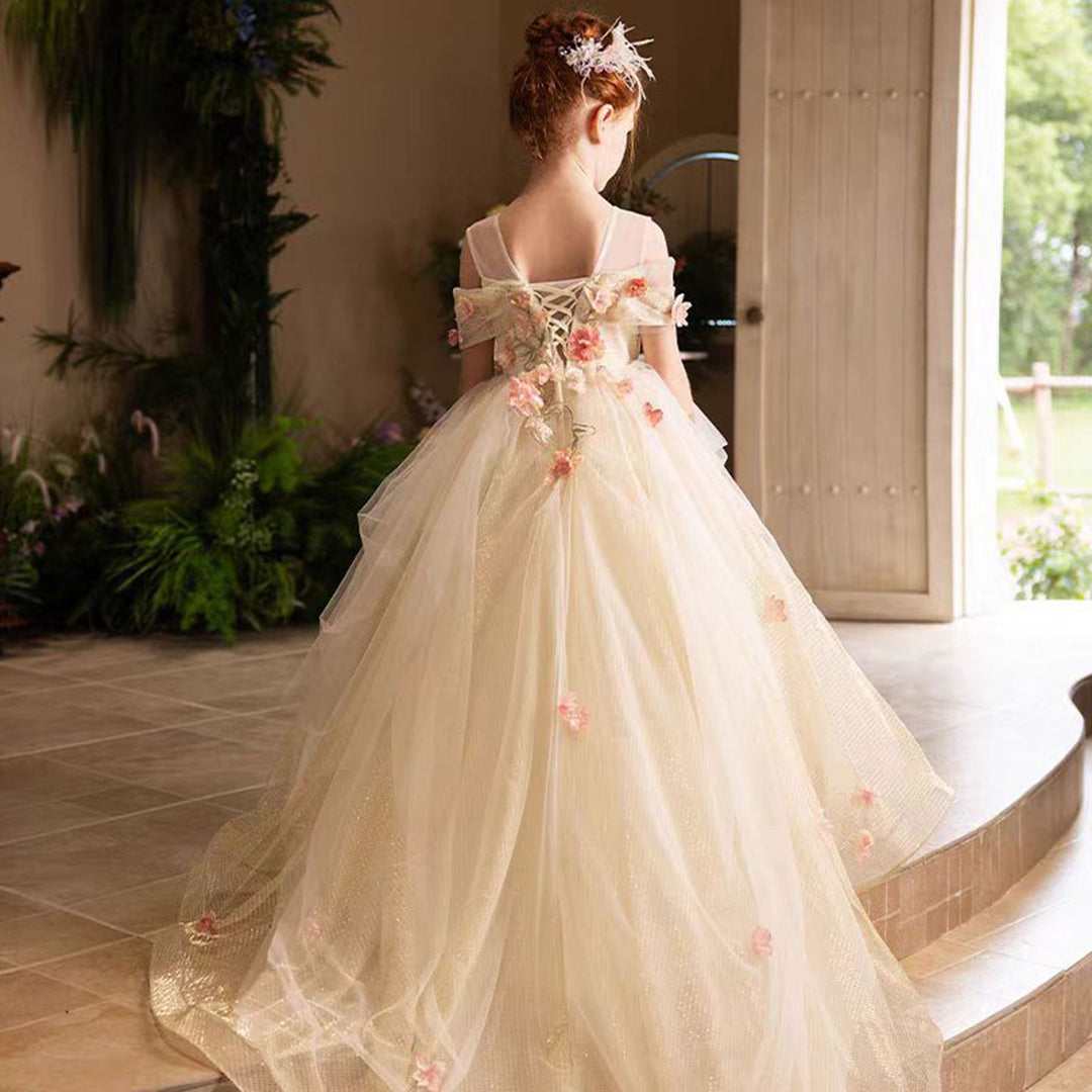 Luxury Gold Girl Dress with Flowers for kids Birthday Pageant Party J3 DreamyVow Luxury Gold Girl Dress with Flowers for kids Birthday Pageant Party J3 DreamyVow