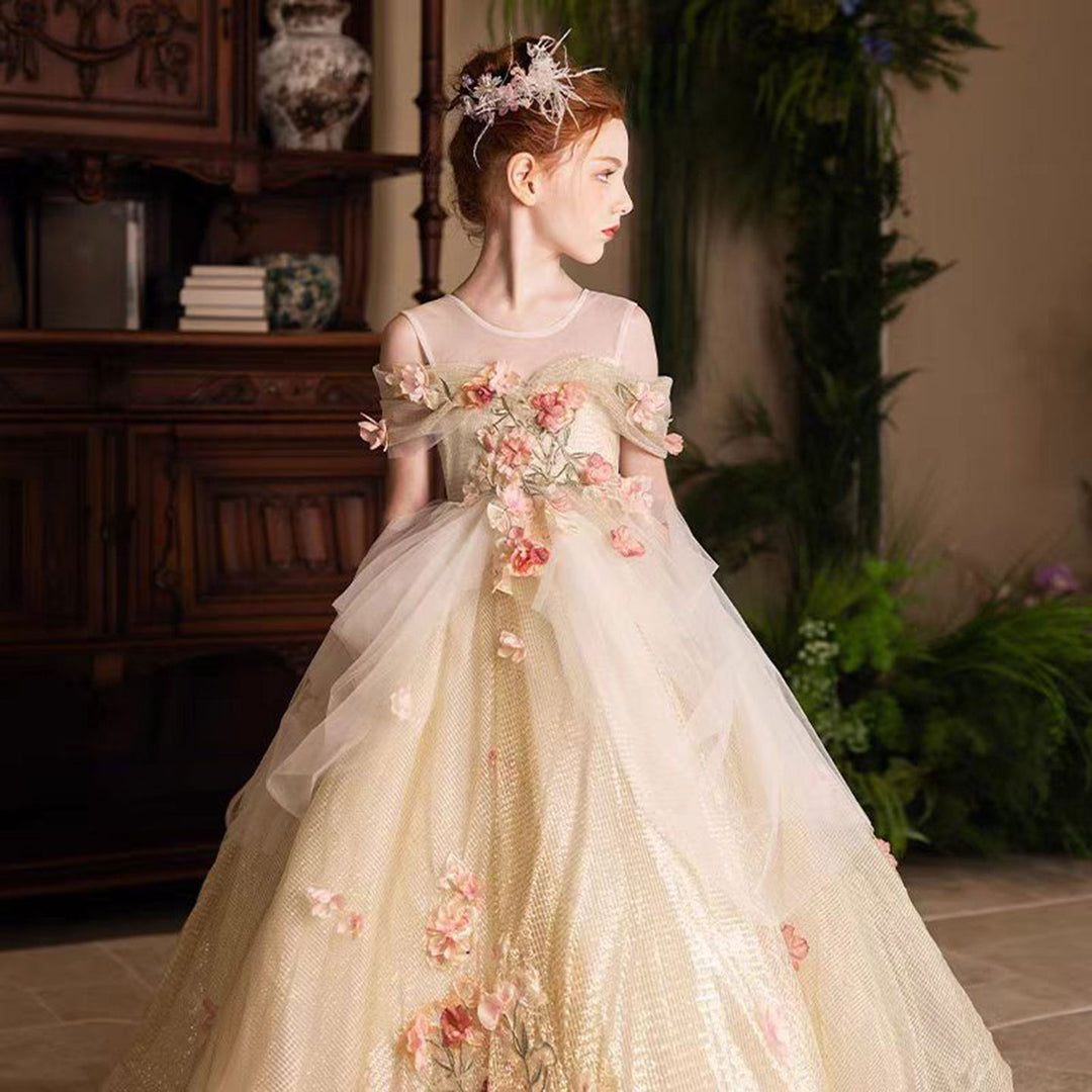 Luxury Gold Girl Dress with Flowers for kids Birthday Pageant Party J363
