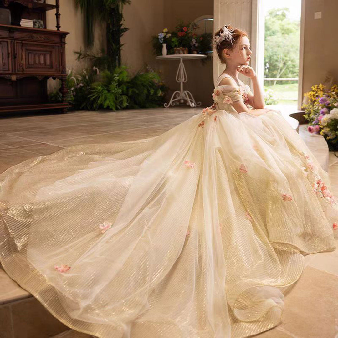 Luxury Gold Girl Dress with Flowers for kids Birthday Pageant Party J3