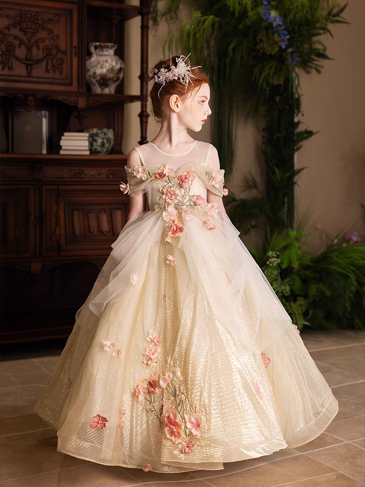 luxury embroidered dresses for birthdays Luxury Gold Girl Dress with Flowers for kids Birthday Pageant Party J363