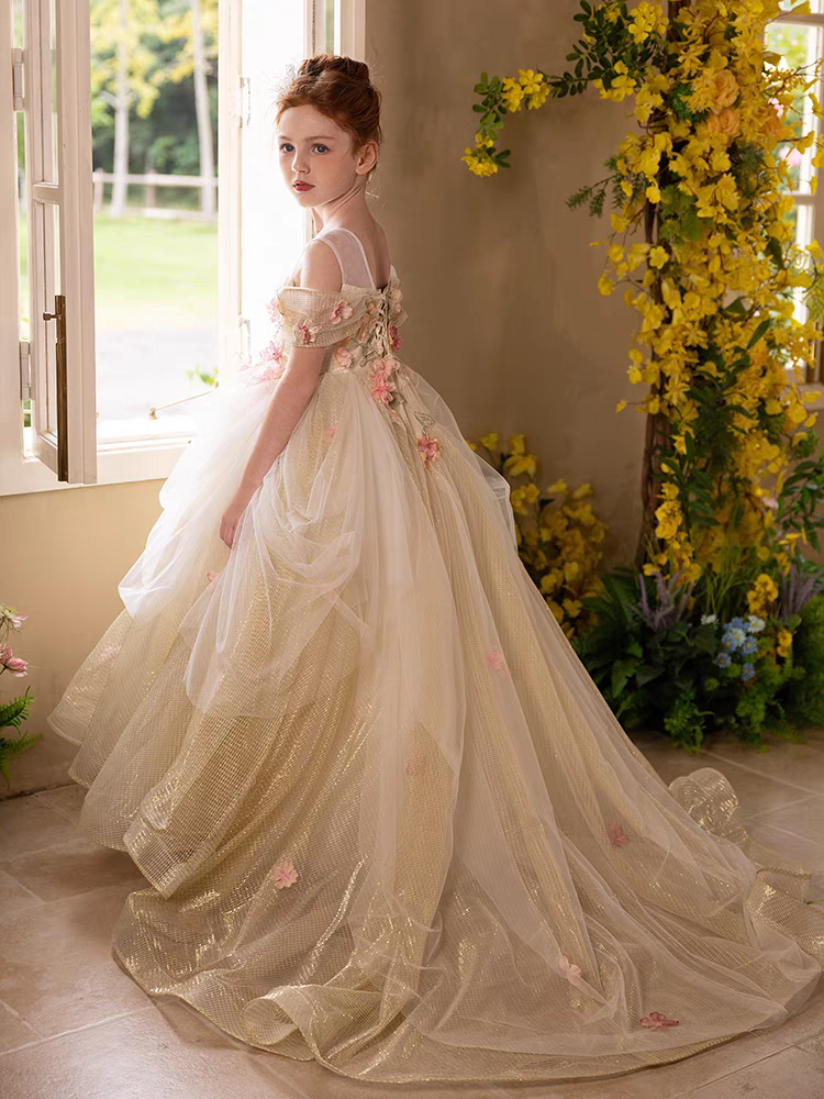 Luxury Gold Girl Dress with Flowers for kids Birthday Pageant Party J363 Luxury Gold Girl Dress with Flowers for kids Birthday Pageant Party J363