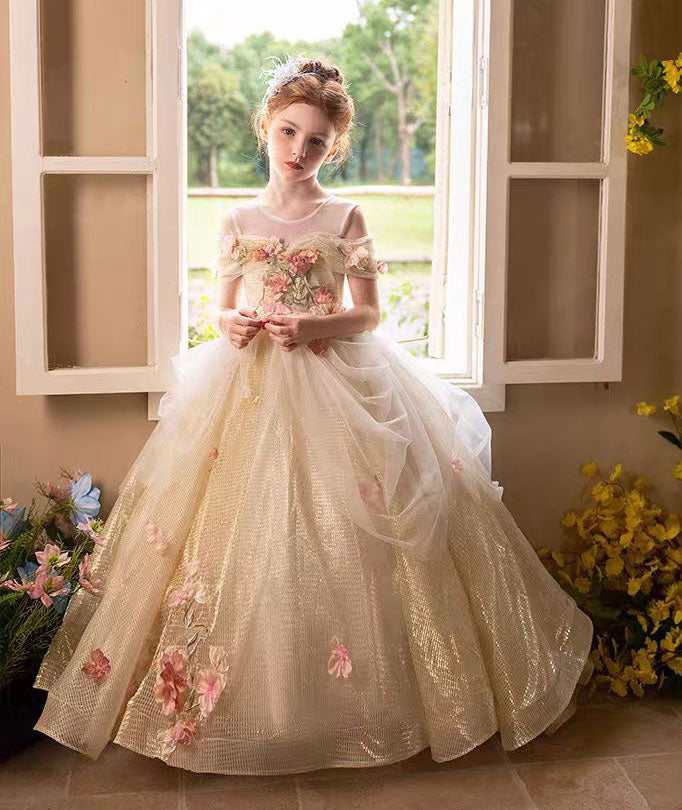 Luxury Gold Girl Dress with Flowers for kids Birthday Pageant Party J363