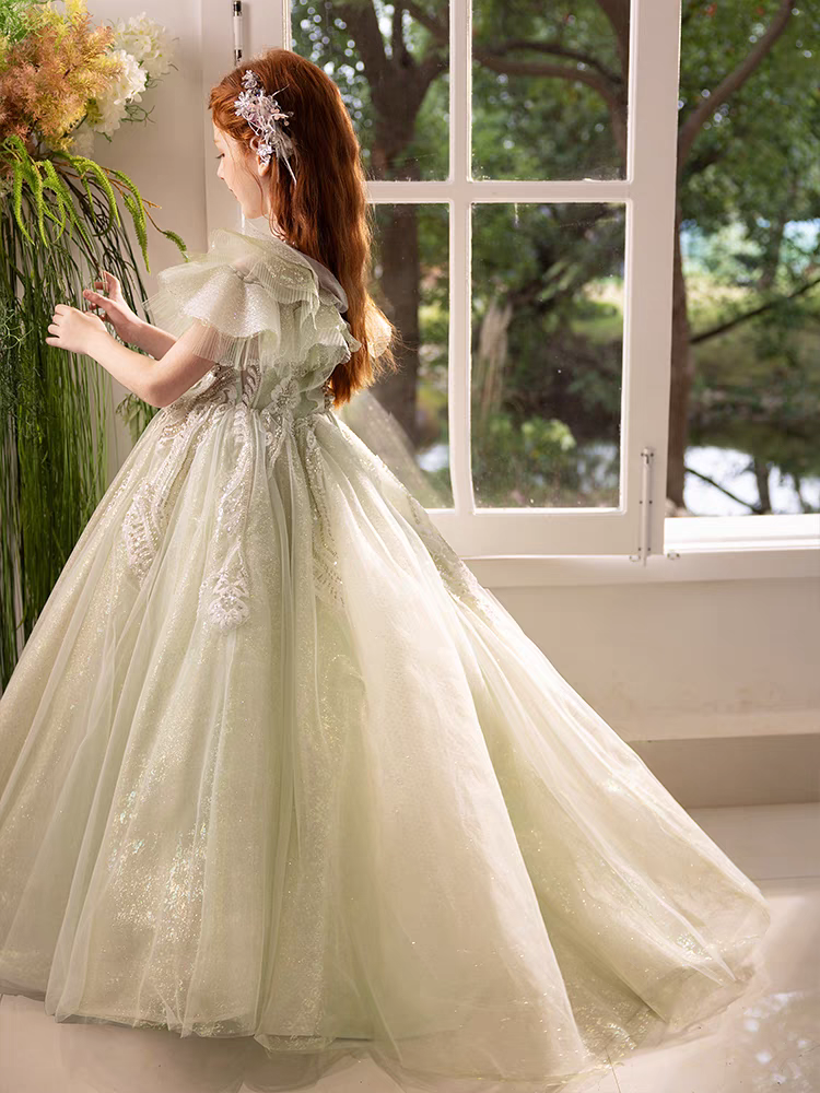 Luxury Sage Green Girl Dress Beaded for kids Birthday Pageant Party J360 Luxury Sage Green Girl Dress Beaded for kids Birthday Pageant Party J360