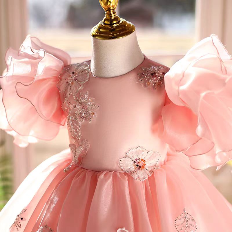 Pink Girl Dress Lace Beads Toddler Kids 1st Birthday Party Gown J448 Pink / Child-3 Pink Girl Dress Lace Beads Toddler Kids 1st Birthday Party Gown J448 Pink / Child-3