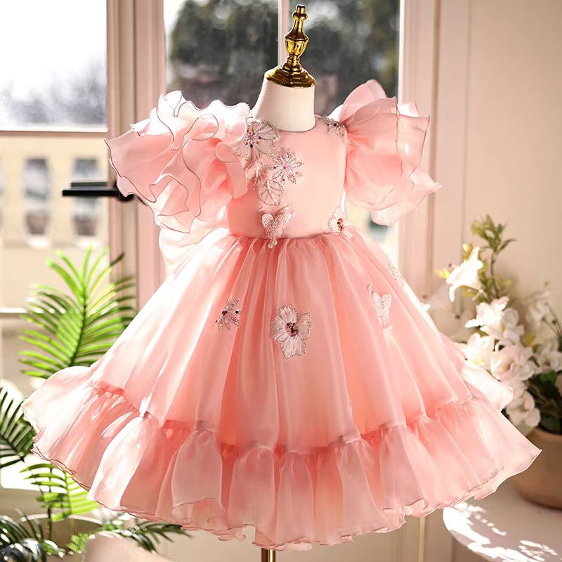Pink Girl Dress Lace Beads Toddler Kids 1st Birthday Party Gown J448 Pink / child-3 Pink Girl Dress Lace Beads Toddler Kids 1st Birthday Party Gown J448 Pink / child-3