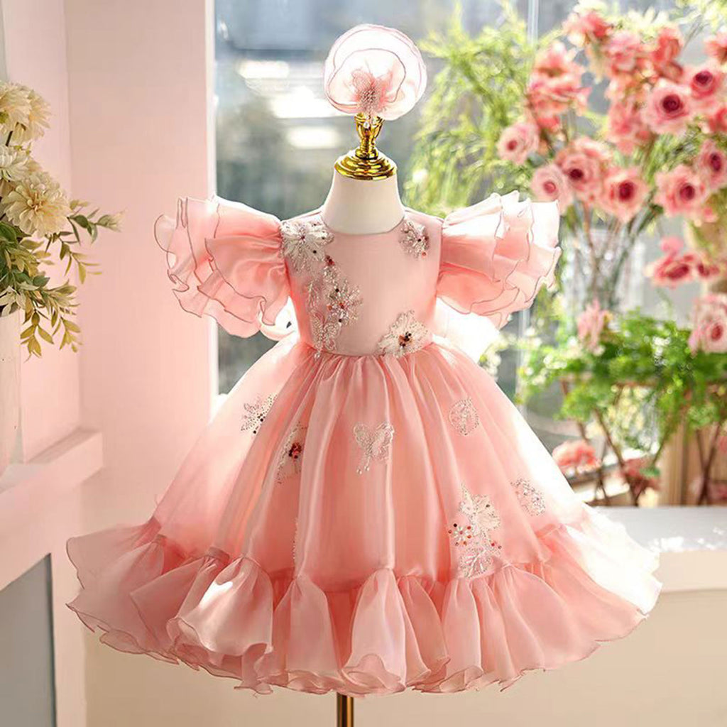 Pink Girl Dress Lace Beads Toddler Kids 1st Birthday Party Gown J448 Pink / Child-3