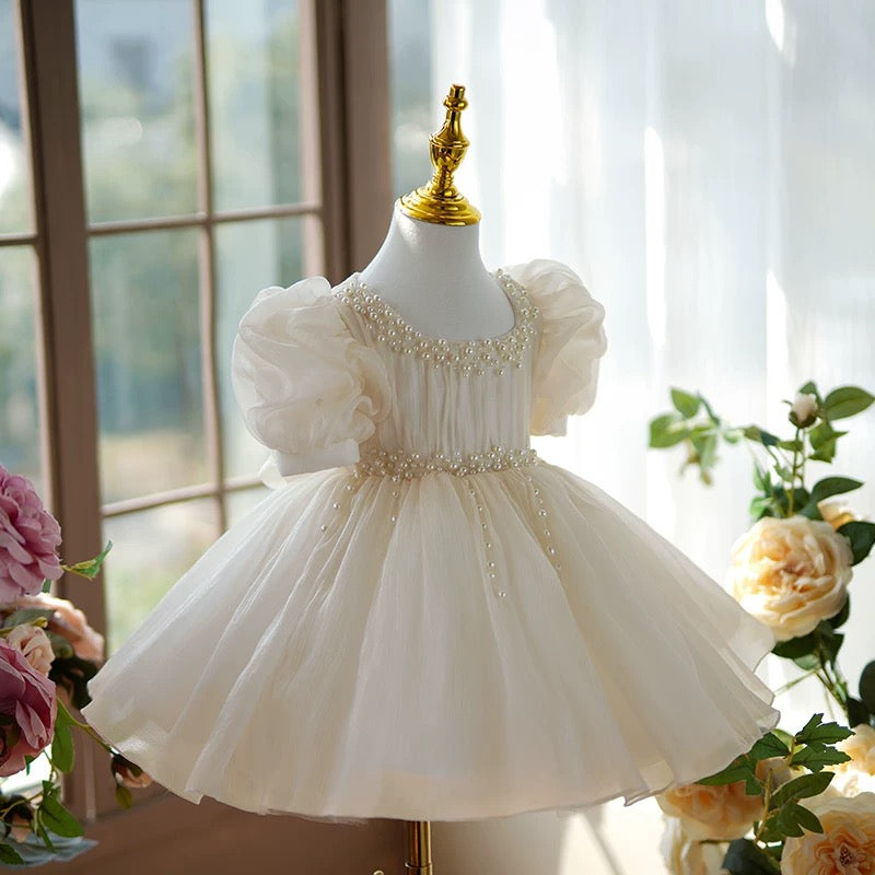white and gold birthday dress White Satin Girl Dress Toddler Kids 1st Wedding Birthday Party Prom Gown J485 White / child-2
