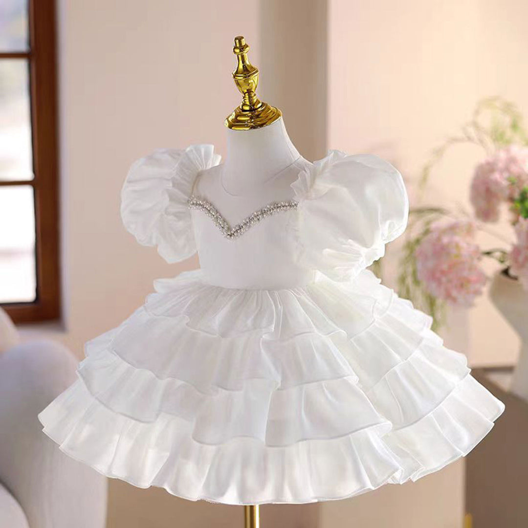 White Baby Girl Dress Toddler Kids 1st Birthday Party Gown J778