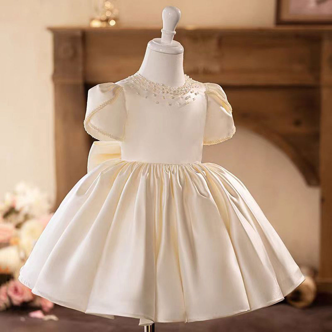 white dress for 1st communion White Satin Girl Dress Toddler Kids 1st Birthday Party First Communion Gown J488 Ivory / 12M