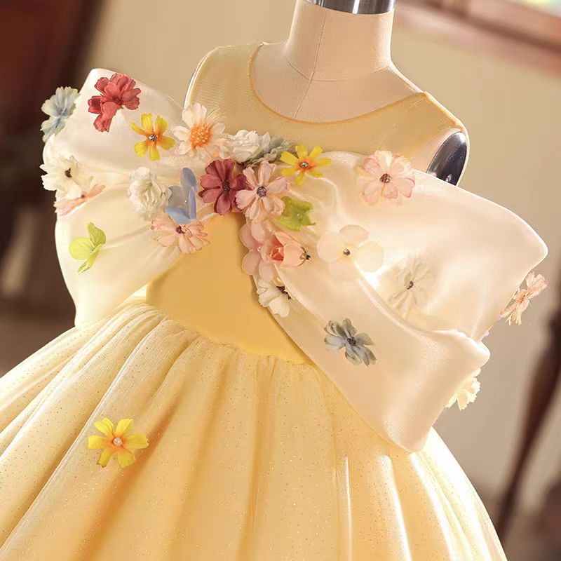 Yellow 3D Flowers Girl Dress for Birthday Pageant Party J081