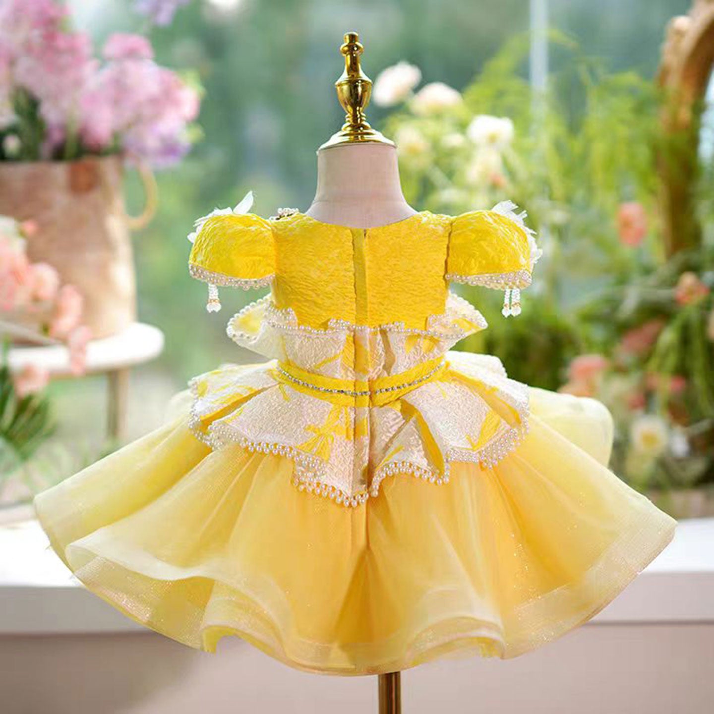 yellow disney princess dress Yellow Flower Girl Dress Princess Kids 1st Birthday Ball Gown J785 Yellow / child-4