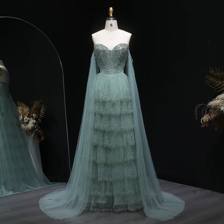 Dreamy Sage Green Off-Shoulder Beaded Evening Dress with Layered Cape SS532