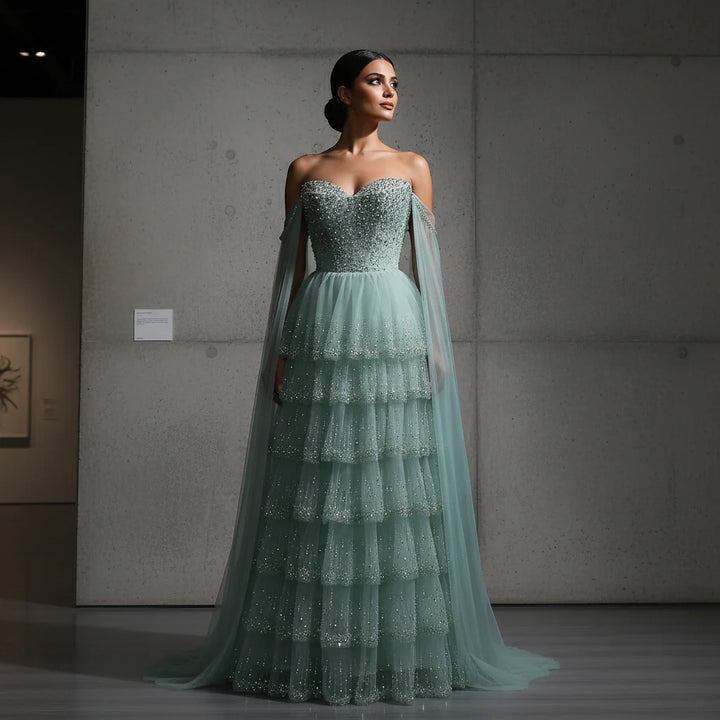 Dreamy Sage Green Off-Shoulder Beaded Evening Dress with Layered Cape SS532