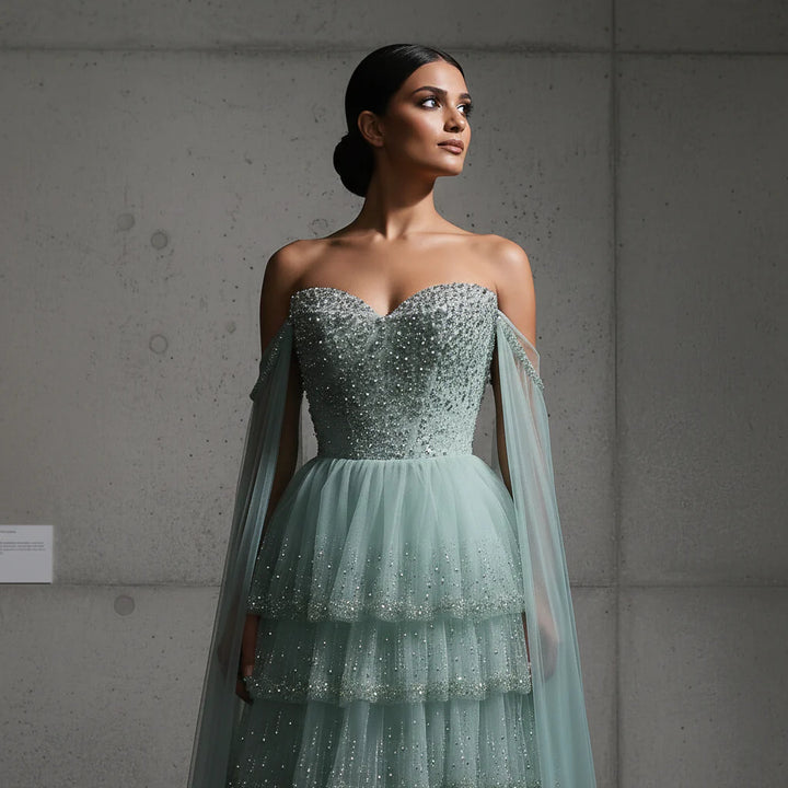Dreamy Sage Green Off-Shoulder Beaded Evening Dress with Layered Cape SS532