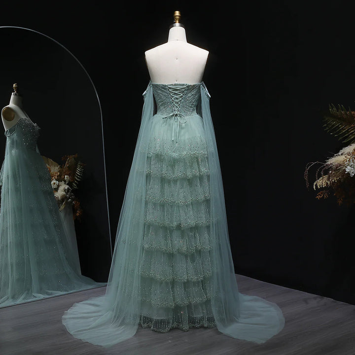 Dreamy Sage Green Off-Shoulder Beaded Evening Dress with Layered Cape SS532