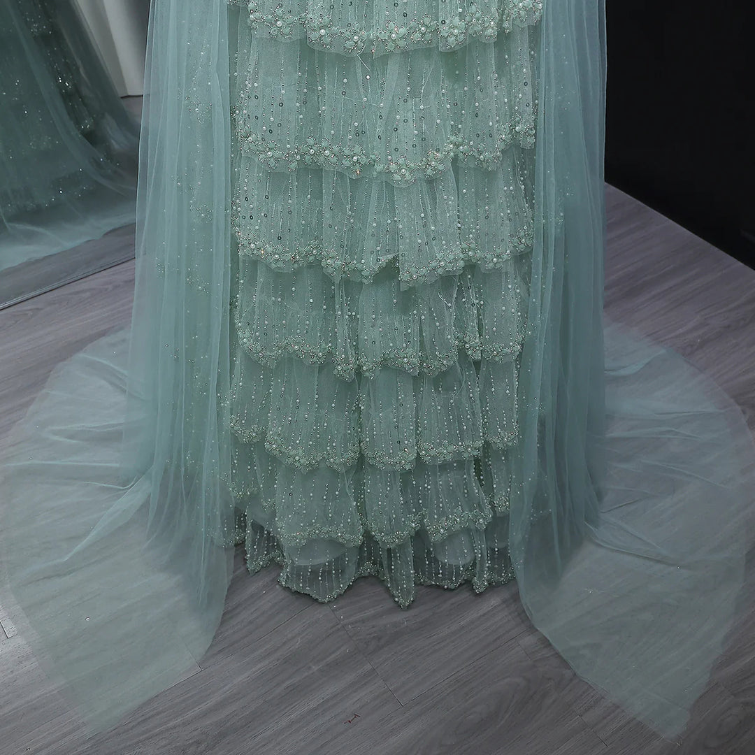 Dreamy Sage Green Off-Shoulder Beaded Evening Dress with Layered Cape SS532