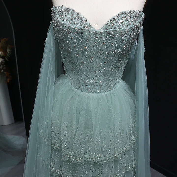 Dreamy Sage Green Off-Shoulder Beaded Evening Dress with Layered Cape SS532