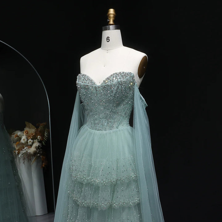 Dreamy Sage Green Off-Shoulder Beaded Evening Dress with Layered Cape SS532