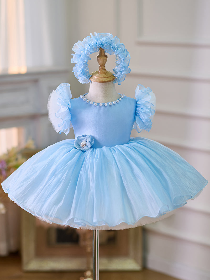 Blue/Green Baby Puffy Sleeve Adorable Girl Dress with Flowers J035 Blue / child-3 Blue/Green Baby Puffy Sleeve Adorable Girl Dress with Flowers J035 Blue / child-3