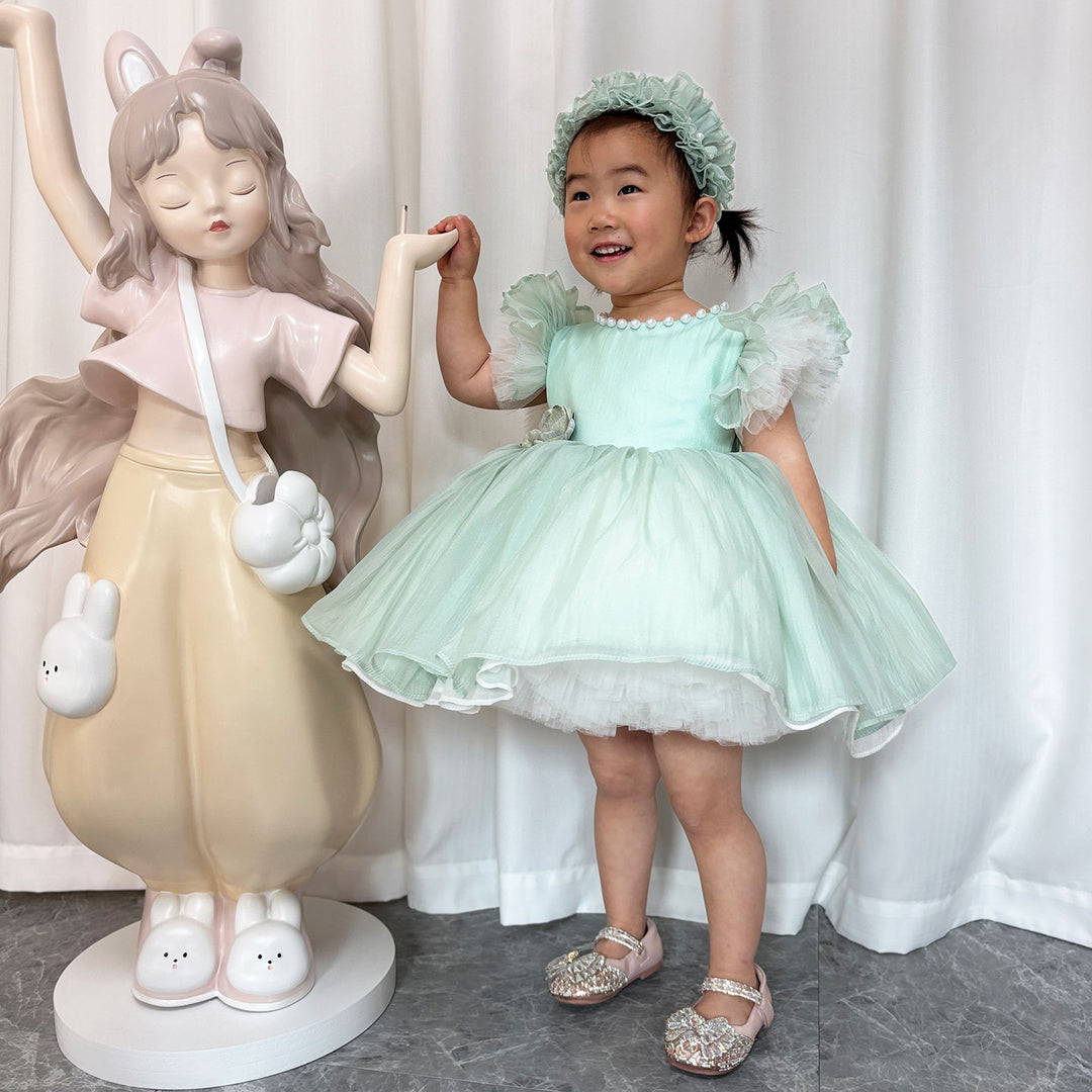 Blue/Green Baby Puffy Sleeve Adorable Girl Dress with Flowers J035 DreamyVow Blue/Green Baby Puffy Sleeve Adorable Girl Dress with Flowers J035 DreamyVow