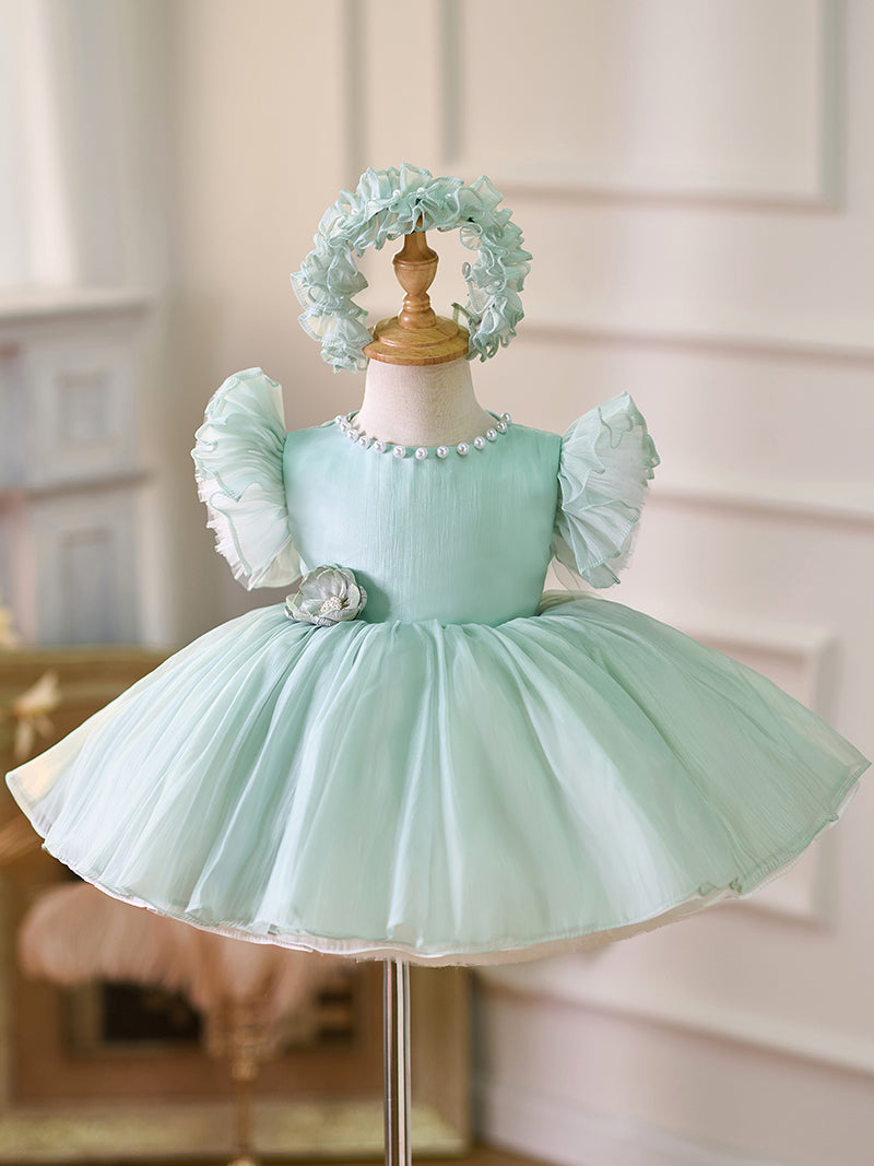 Blue/Green Baby Puffy Sleeve Adorable Girl Dress with Flowers J035 Sage Green / Child-4 Blue/Green Baby Puffy Sleeve Adorable Girl Dress with Flowers J035 Sage Green / Child-4